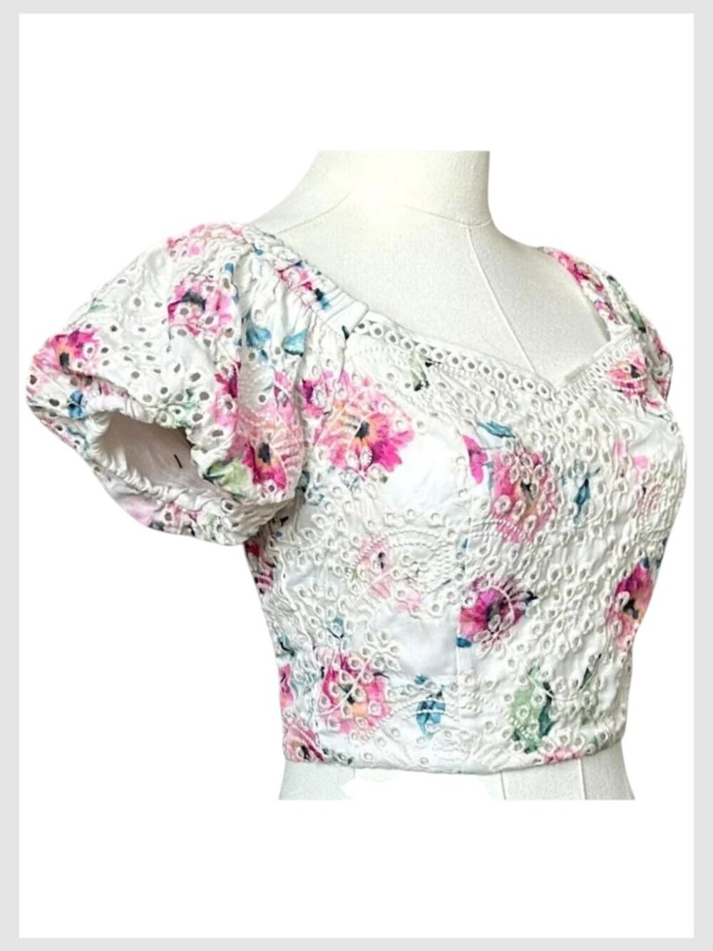 Aqua Crop Top White Pink Floral Eyelet Puff Sleeve S - Picture 4 of 9